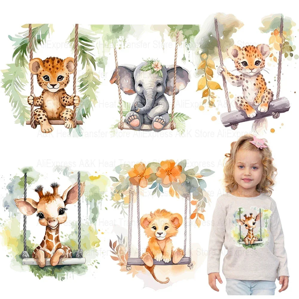 Baby Animal On Swings Heat Transfers For Kids Clothing Elephant Tigers Lion Stickers On Clothes Diy Thermal Patches Decals