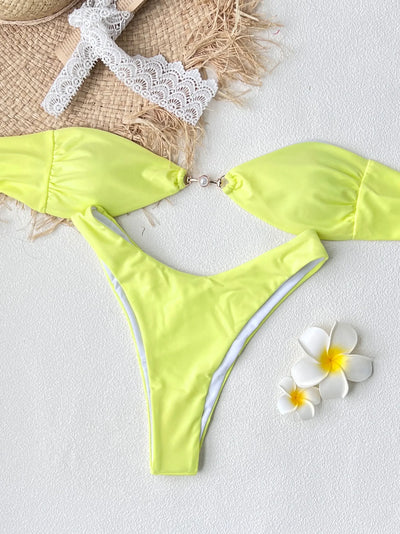 Fashion Off Shoulder Bikini Women Slipt Swimsuit 2025 Style Lady Biquini Swimwear Female Summer Vacation Bathing Suit Beachwear