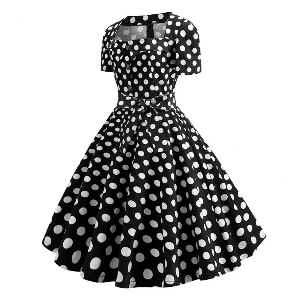 Women Vintage Dress Summer 50s 60s Retro Pin Up Swing Rockabilly Vestidos Elegant Black Polka Dot Office Party Dress