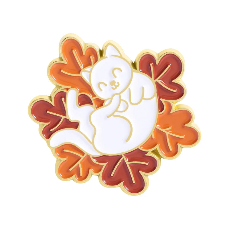Thanksgiving Cute Cat Fox Lying On Maple Leaves Enamel Pins Cartoon Crow Pumpkin Metal Brooches Lapel Badge Jewelry Friends Gift