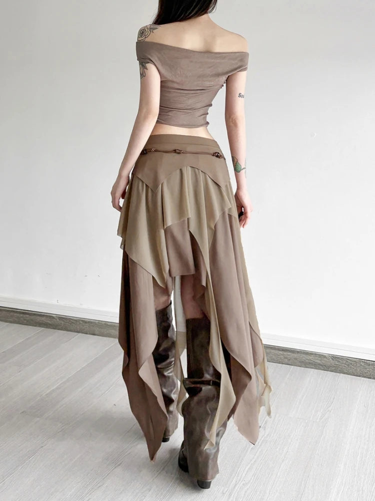 Solid Color Long Skirts For Women Streetwear Asymmetrical Falda Sexy Mujer Slim Fit Korean Fashion Clothing Ruffles Jupe Femme