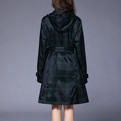 Women'S Checkered Waistband Hooded Overcoat Lightweight Breathable Fashionable Trench Raincoat Harajuku Y2k Streetwear Jacket