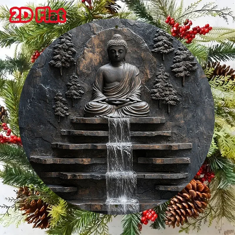 Wall art,Vintage Buddha Meditation Metal Wall Art -Sign with Serene Monk and Waterfall Design Yard,  Garden Wall Art
