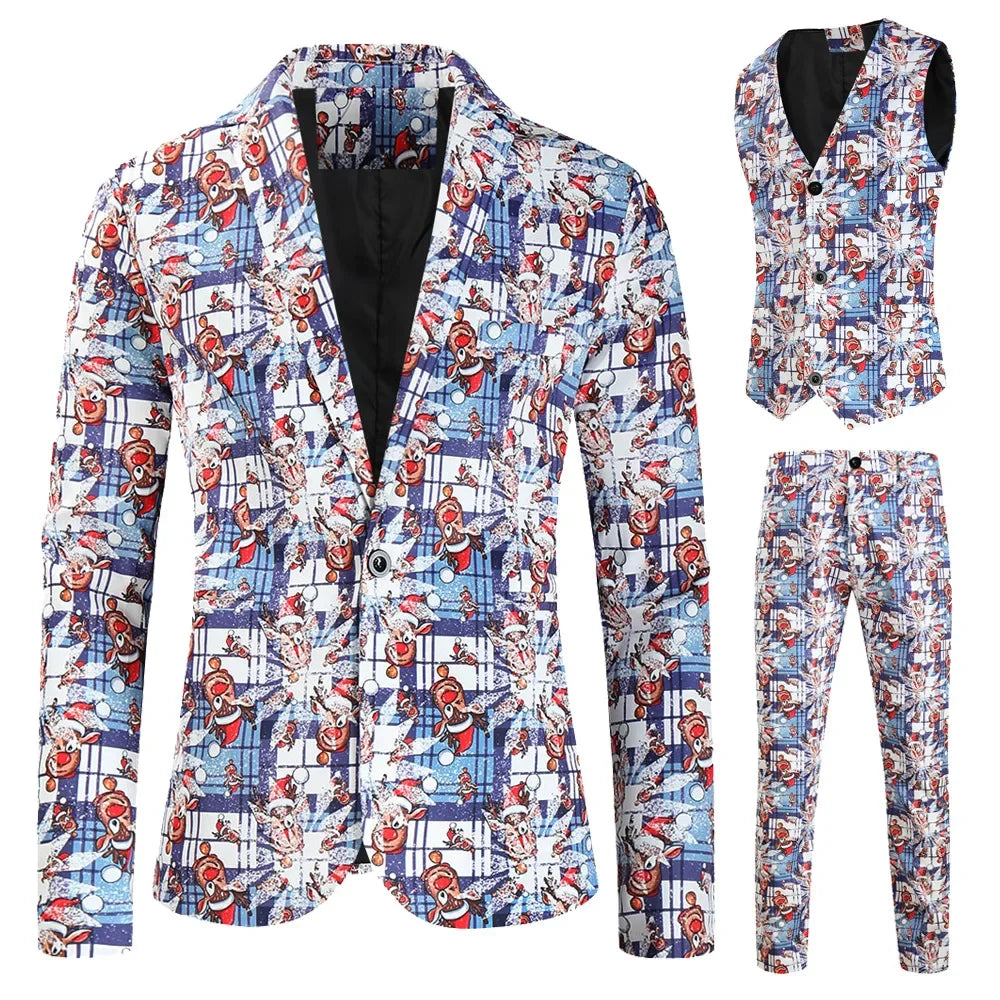 Men's Blazers Sets Rainbow Striped Print Blazers Jacket+Pants+Vest Man three Pieces Sets Prom Party Stage Singer Dancer Costumes