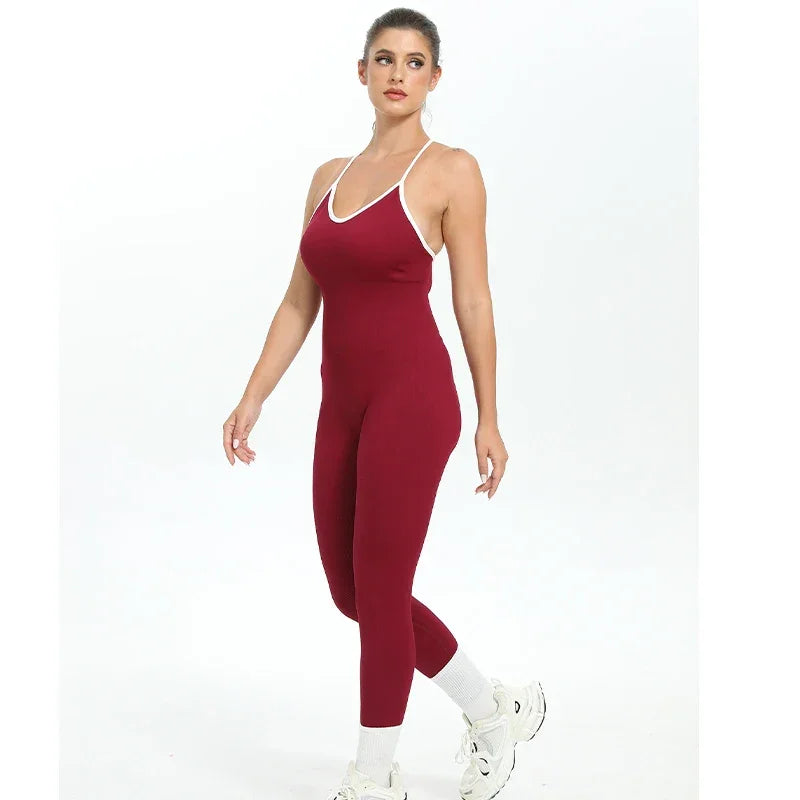 Women Seamless Sports Jumpsuit Ribbed Slim Running  Bodysuit Gym Workout Sportswear Fashion Color Block High Elastic Yoga Suit