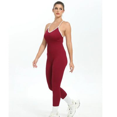 Women Seamless Sports Jumpsuit Ribbed Slim Running  Bodysuit Gym Workout Sportswear Fashion Color Block High Elastic Yoga Suit