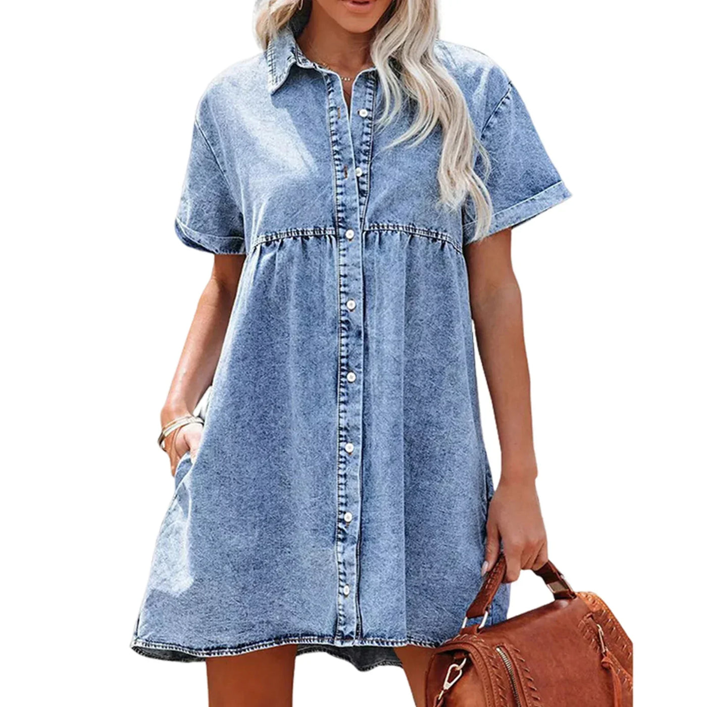 Women Babydoll Dress Stylish Women's A-line Denim Mini Dress with Short Sleeves Button-down Detail for Dating Commuting Parties