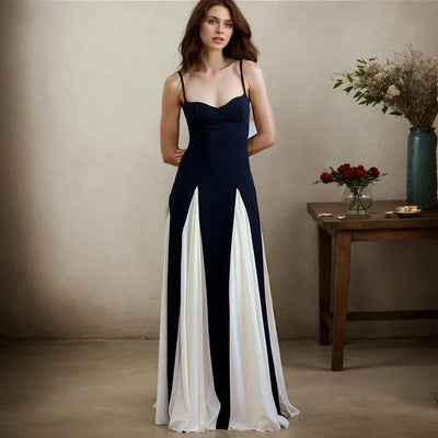 Sexy Sleeveless Women's Slip Dresses Elegant Contrast Color Spaghetti Straps Backless Long Dress Fashion Luxury Party Vestidos