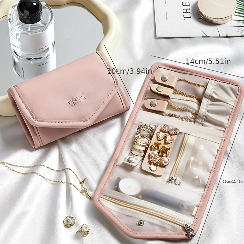 Travel Jewelry Organizer Bag, PU Material Necklace Earring Ring Storage Pouch with Watch Compartment, Portable Zippered