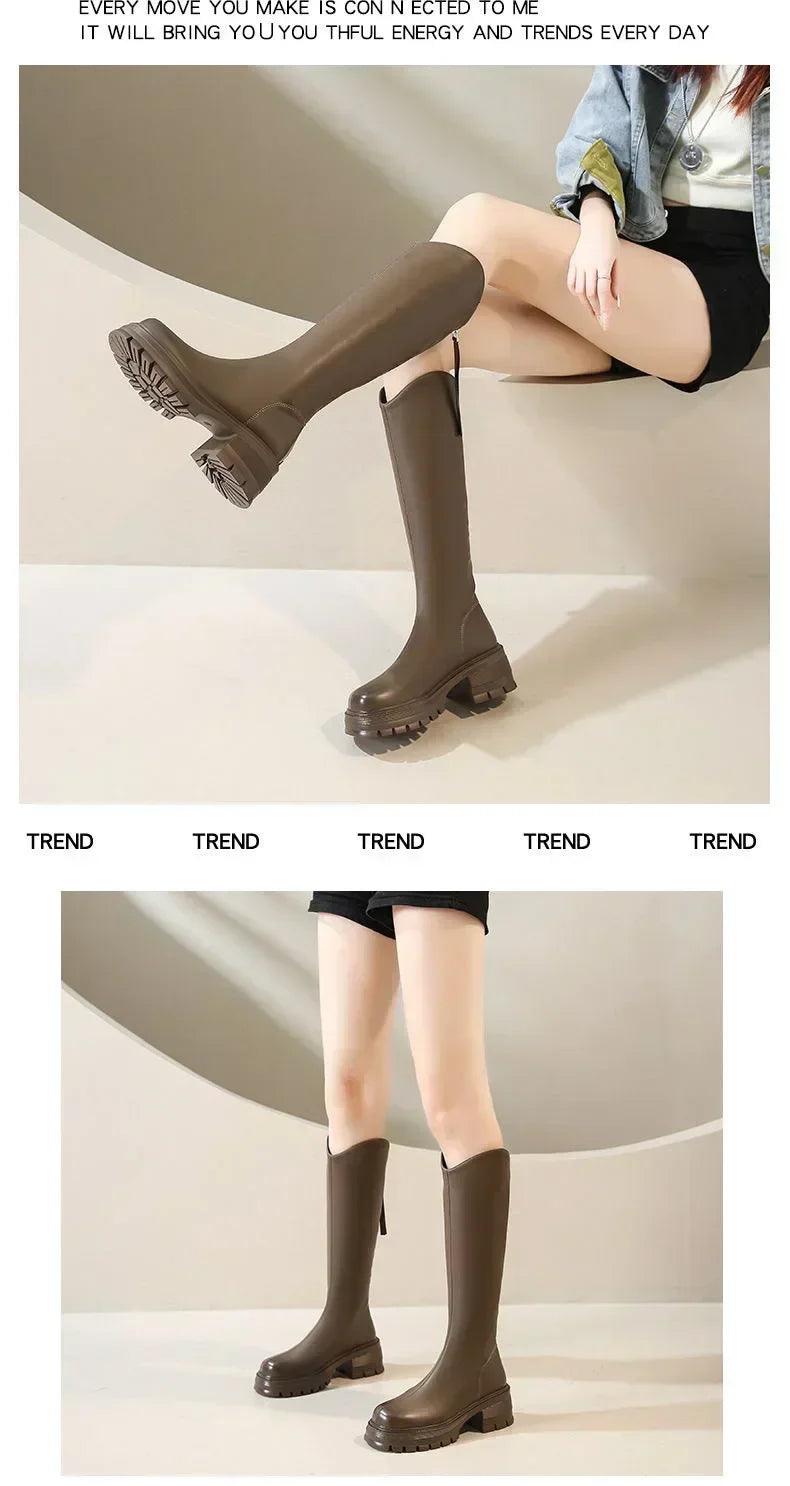 Long tube boots for women 2025 winter new height increasing knight thick heel retro versatile women’s