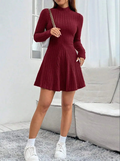 Wine red semi-turtleneck knitted dress for women, long sleeves, slim fit, waist-cinching, flared skirt, autumn and winter slimmi