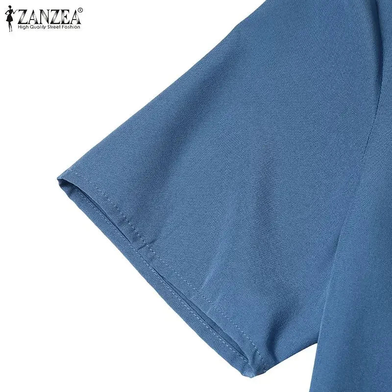 Summer Women Elegant OL Work Sundress V Nek Party Dress 2024 ZANZEA Fashion Short Sleeve Robe Femme Solid Pleated Midi Vestidos