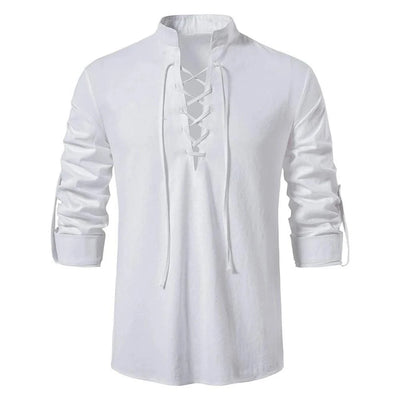 Happyjeffery Mens Cotton Linen Shirt Henry Collar with Drawstring Men Man Long Sleeve Beach Shirts Man Designer Cloth LS51
