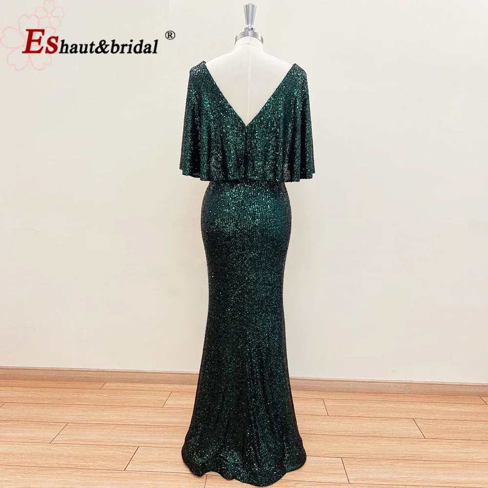 Elegant Sequin Evening Dresses for Women 2025 V Neck Mermaid Cape Sleeves Plus Size Wedding Prom Formal Party Gowns Customized