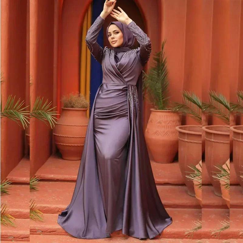 Luxury dubai women evening dresses long sleeve high neck appliques sequine chapel train pleat gowns formal occasion