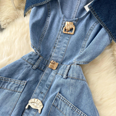 Designer Denim Dress Women Long Dresses Single Breasted Big Turn-down Collar Waist Slimming Temperament Split A-Line Vestidos