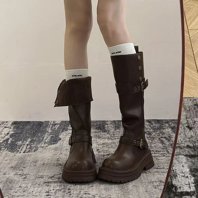 Women's Knee-High Boots Fashion Lapel Casual Leather Boots Non Slip Platform Boots for Women Trendy Knight Boot Botas Mujer2025