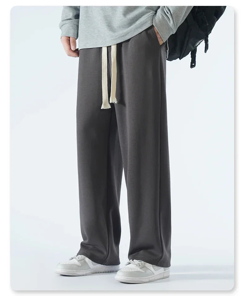 New Men's Casual Pants Wide Leg Straight 65% Cotton Fabric Outdoor Sweatpants Neutral High-quality Soft Long Baggy Trousers