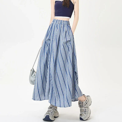 Summer Women Checkered A Line Skirt High Waist Slim Fit Pleated Length Fashion Irregular Contrast Colors Flowy Swing Style