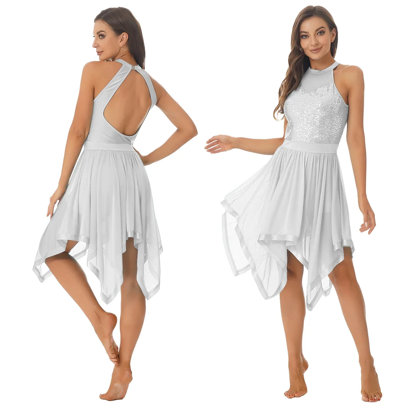 Elegant Ballet Leotards Dance Dress For Women Shiny Sequins Asymmetrical Hem Mesh Lyrical Dresses Prom Performance Costume