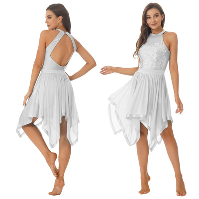 Elegant Ballet Leotards Dance Dress For Women Shiny Sequins Asymmetrical Hem Mesh Lyrical Dresses Prom Performance Costume