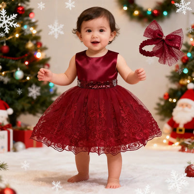 Christmas Costume Girls Party Dresses With Headband Baby Girl Clothes Xmas Sequin Big Bow Lace Princess Dress For 1st Birthday