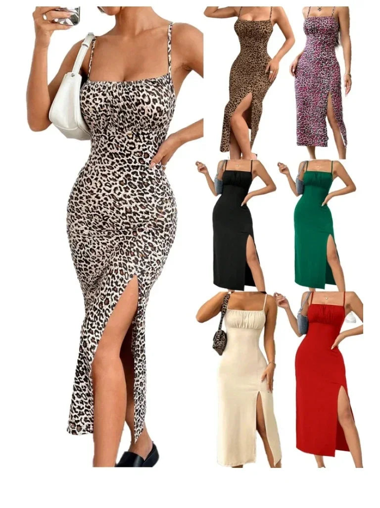 Summer slip dress women's slip bandeau tight height slit solid color leopard print hip skirt