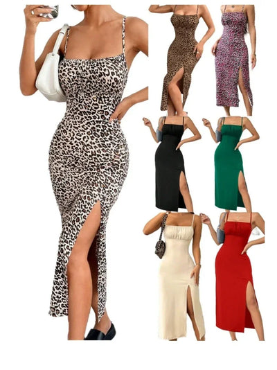 Summer slip dress women's slip bandeau tight height slit solid color leopard print hip skirt