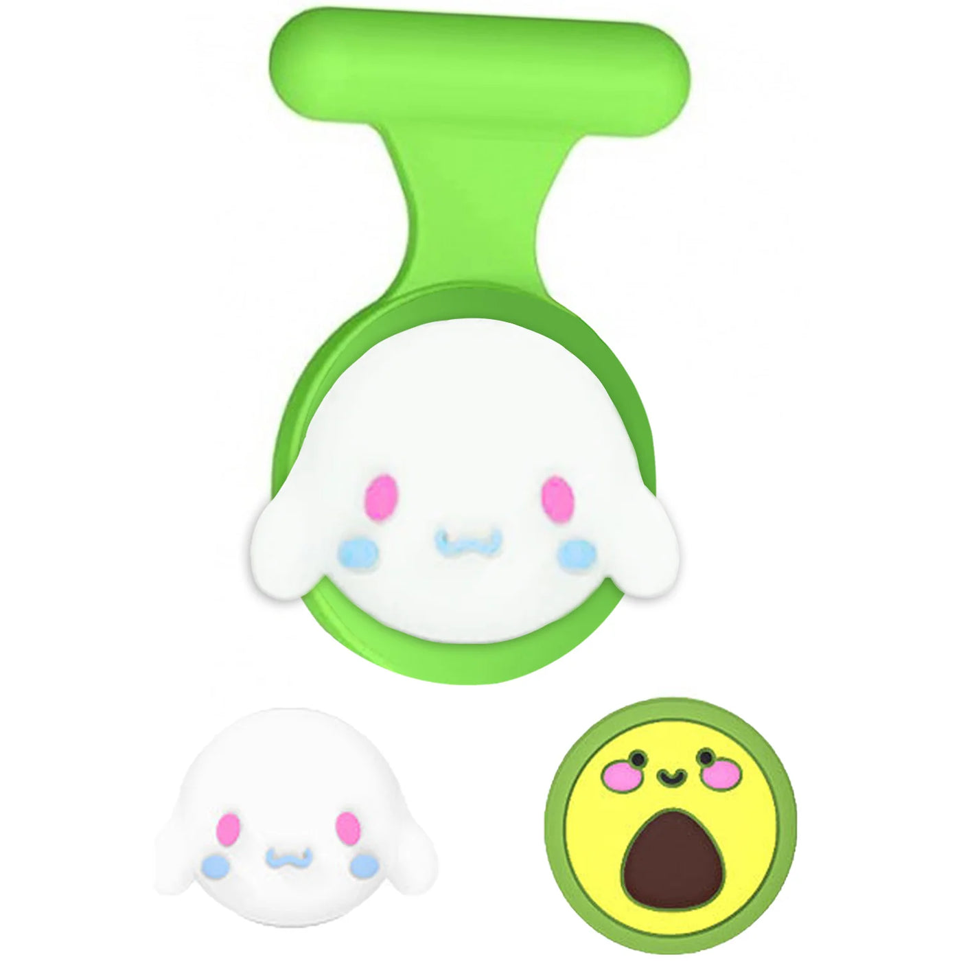 Green ghost plastic cookie cutter with white face and blue eyes for AirTag holder