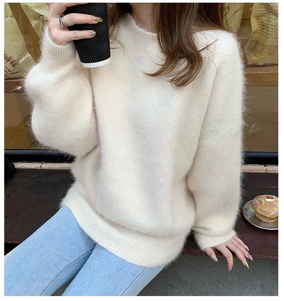 2023 New Year Sweaters For Women High Quality Autumn Winter Mohair Knitted Thick Warm Red Loose Mink Cashmere Pullovers