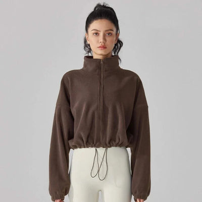 Women's Fleece Short Jacket Full Zip Stand Collar Warm Winter Sherpa Crop Coats with Drawstring Hem Gym Fitness Sports Clothing