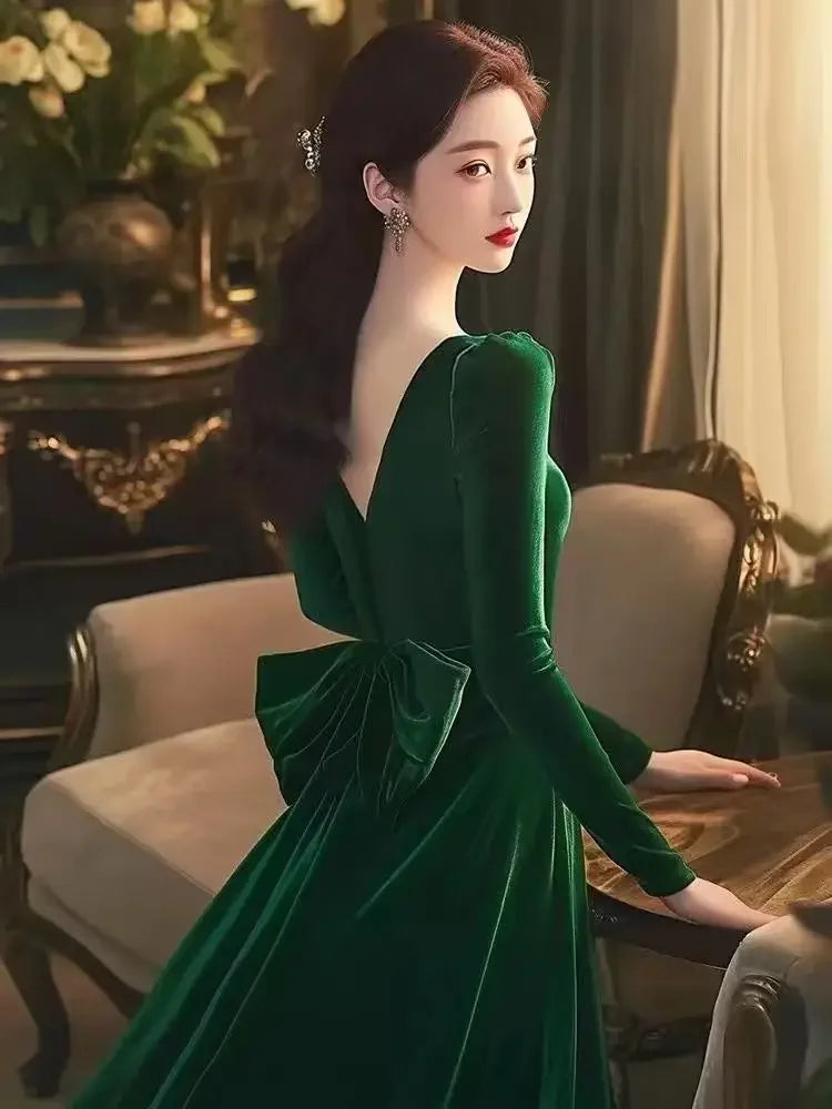 High Quality Red Velvet Dresses Women French Style Vintage Evening Party Vestidos Mujer Autumn Winter Elegant A-line Long Dress
