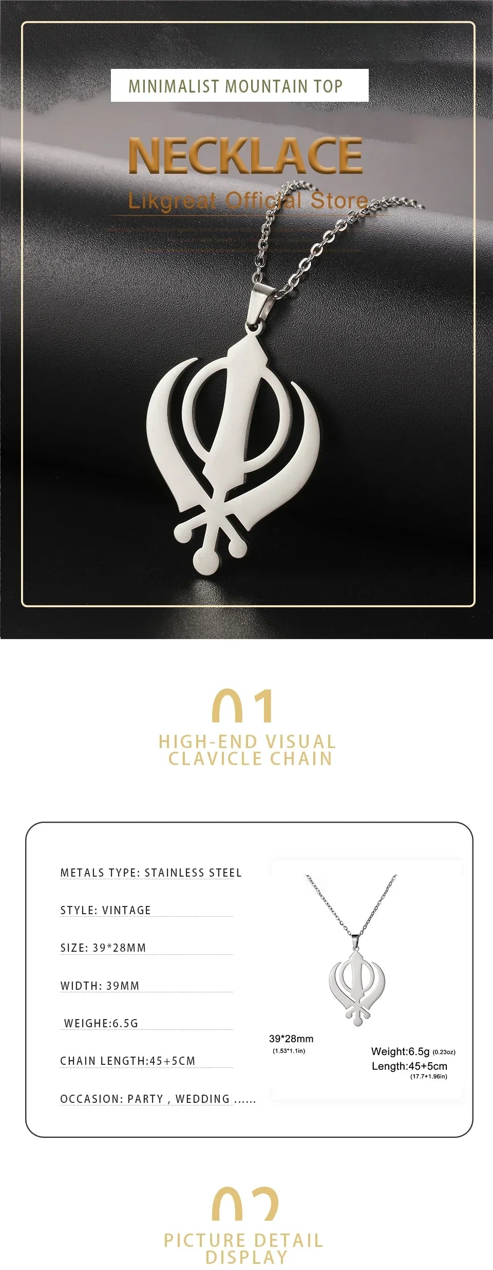 LIKGREAT Classic Sikhism Symbol Necklace Stainless Steel Sikh Khanda Necklaces Religious Protection Amulet Jewelry for Women Men