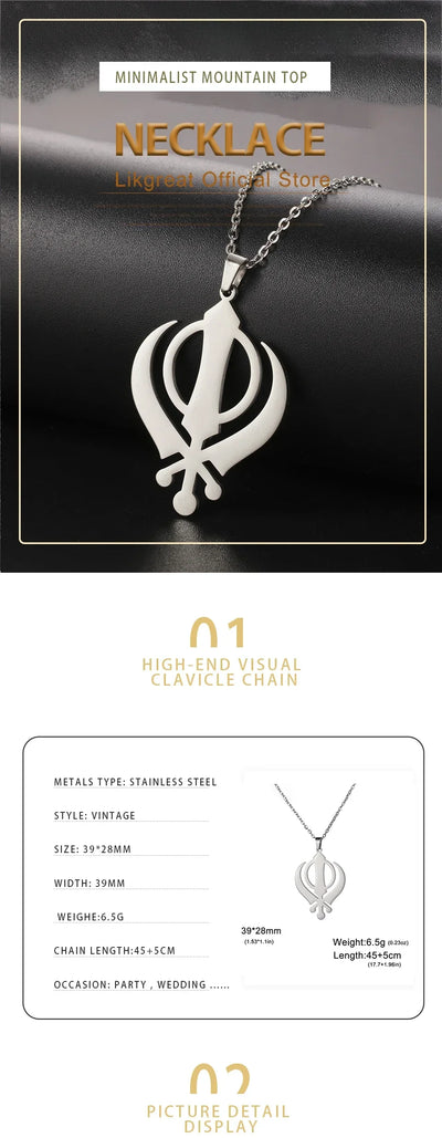LIKGREAT Classic Sikhism Symbol Necklace Stainless Steel Sikh Khanda Necklaces Religious Protection Amulet Jewelry for Women Men