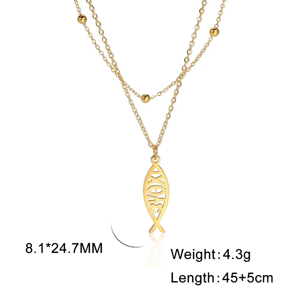 Jeshayuan Christian Jesus Fish Pendant Necklaces For Women Double Layer Stainless Greek ΙΧΘΥΣ Christian Religious Gift