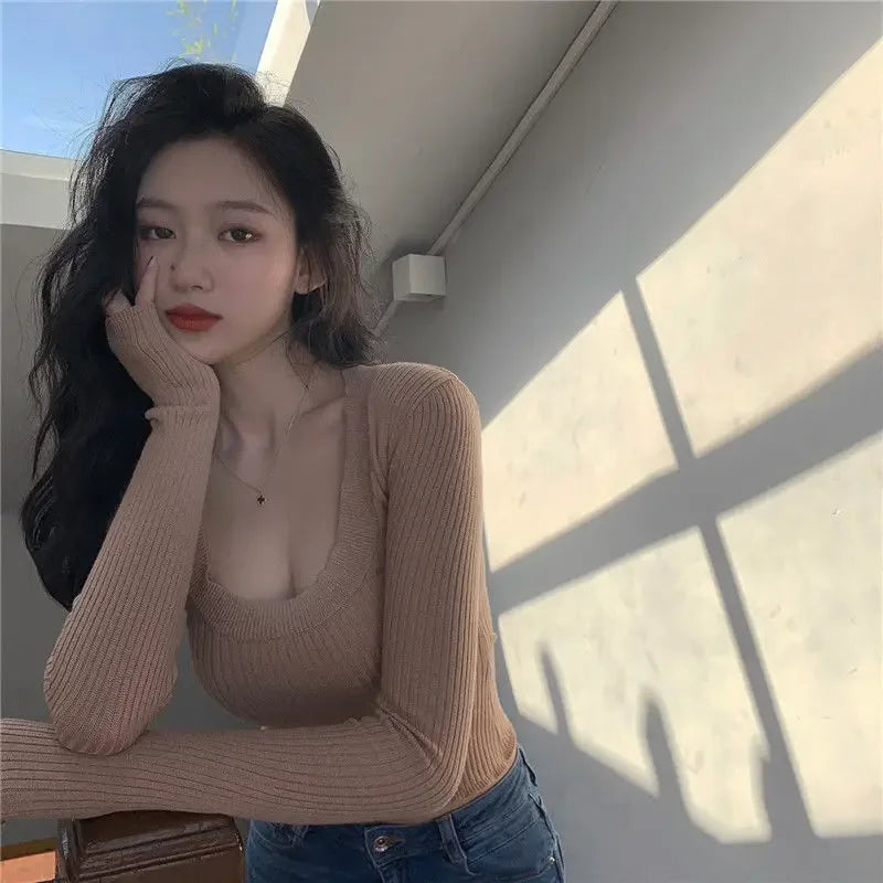 Woman Sweaters Slim-Fit U Collar Sweater Women's Spring Autumn Short Elastic Long-Sleeved Sweater Top