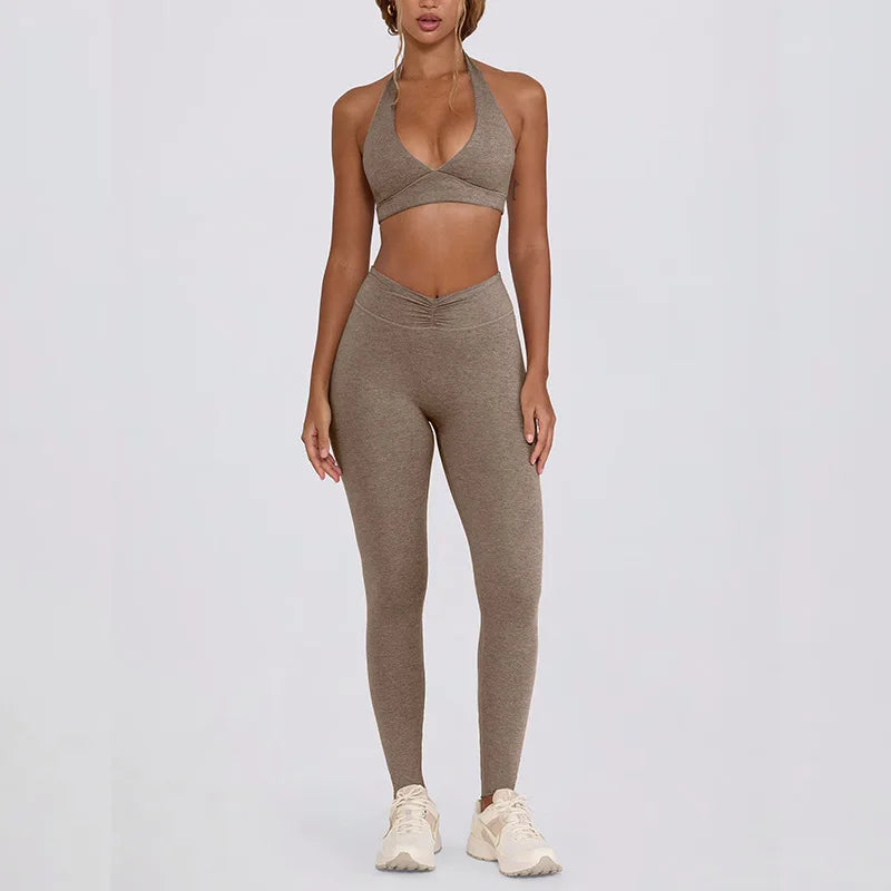 Women's Yoga Suits Quick Drying Leggings Gym Shorts Nude Hanging Neck Bra Running Gym Exercise Sets