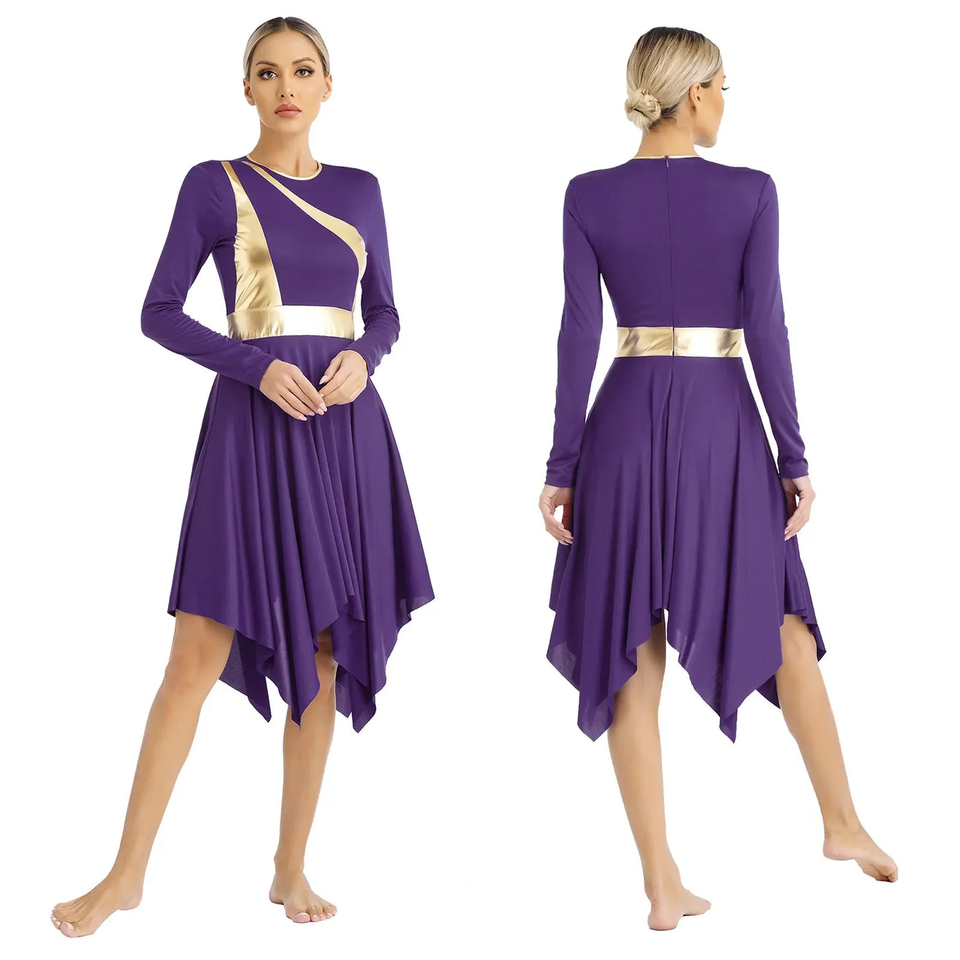 Women Church Choir Worship Liturgical Dress Modern Lyrical Dance Waltz Stage Performance Costume Long Sleeve Metallic Shiny Gown