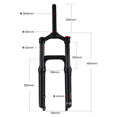 BOLANY Snow Bike Fat Front Fork 20x4.0 with Magnesium Alloy Hook 120mm Travel Air Suspension Compatible E-Bike Mountain Bike