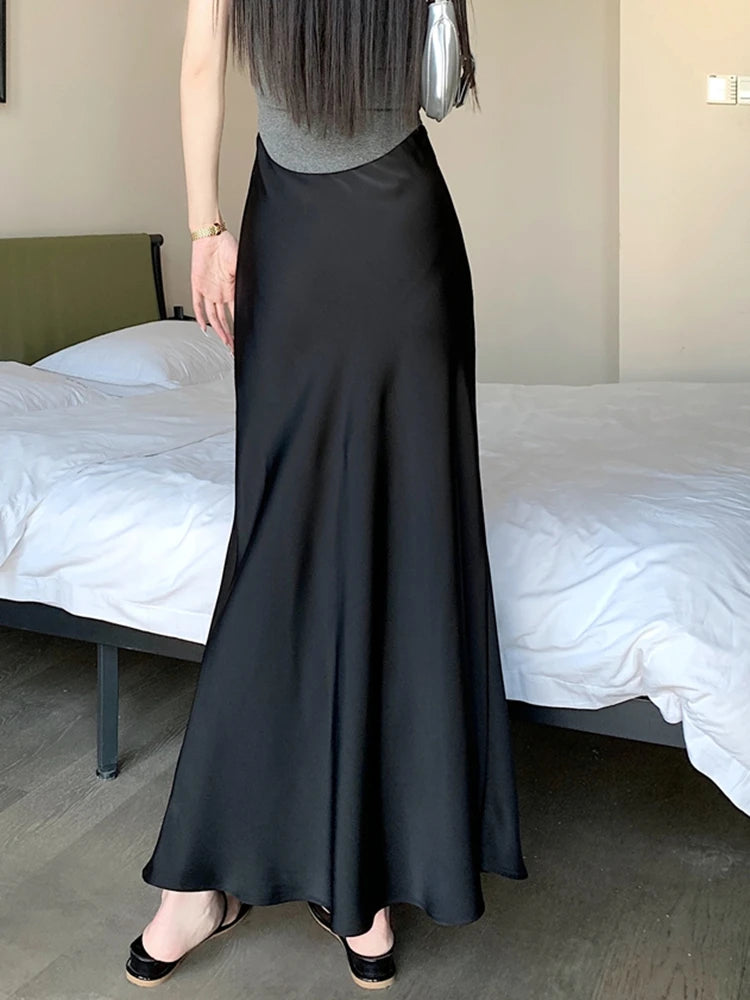 Elegant Satin Long Skirts Women Korean Fashion Clothes Elastic High Waist Black Skirt 2025 Streetwear Summer A Line Midi Skirt