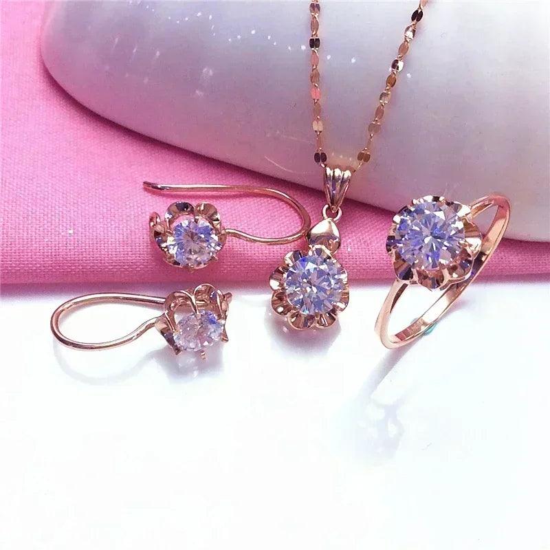 White shiny flower jewelry set plated rose gold earrings for women charms rings necklace elegant light luxury necklaces