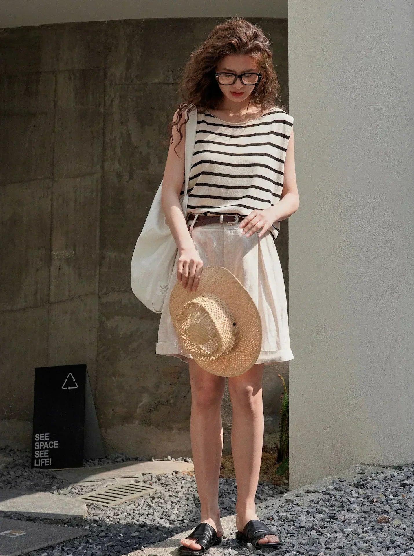 Summer korea style lazy linen curled bermuda shorts wide leg loose slim casual hot pants for women
