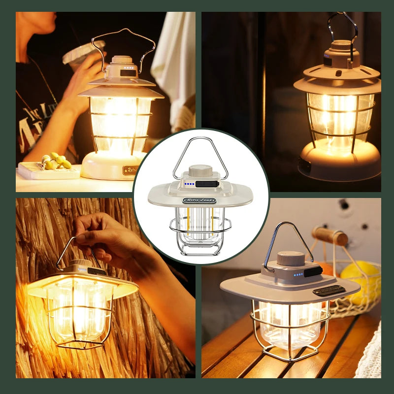 Led Camping Lantern Rechargeable Portable Outdoor Retro Hanging Lamp Stepless Dimming Camping Light Emergency Night Lamps