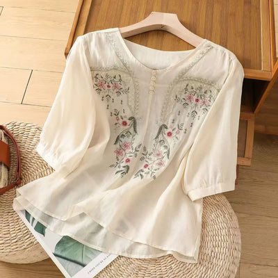 Linen V-neck EmbroideryTop For Women
