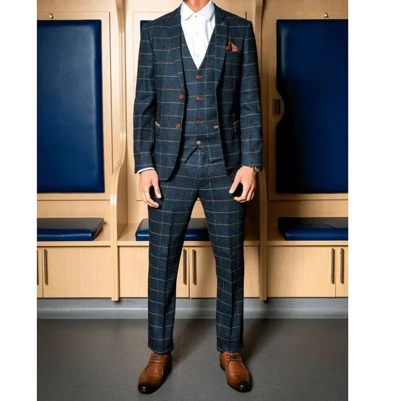 Classic Plaid Men Suits Notch Lapel Single Breasted Slim Fit High Quality 3 Piece Jacket Pants Vest Male Clothing Costume Homme