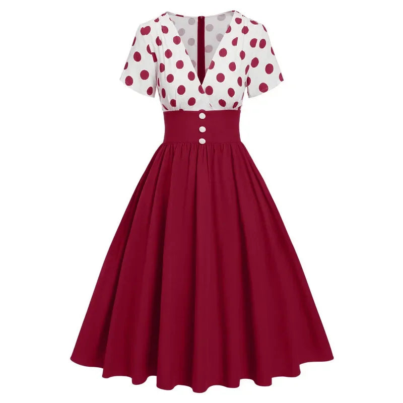 Polka Dot Women Summer Dresses Hepburn Style V-Neck Short Sleeve Vintage Print Patchwork Party Dress Casual A-Line
