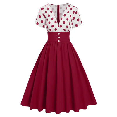 Polka Dot Women Summer Dresses Hepburn Style V-Neck Short Sleeve Vintage Print Patchwork Party Dress Casual A-Line