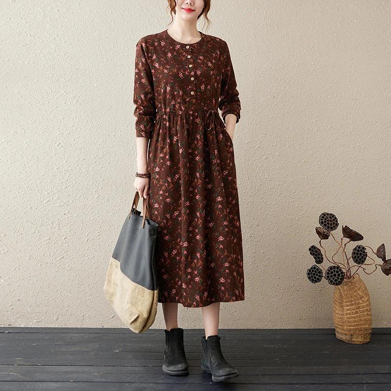 Long Sleeve Cotton Linen Vintage Floral Print Dresses For Women 2025 New Spring Autumn Casual Dress Robe Femme Elegant Clothing