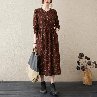 Long Sleeve Cotton Linen Vintage Floral Print Dresses For Women 2025 New Spring Autumn Casual Dress Robe Femme Elegant Clothing