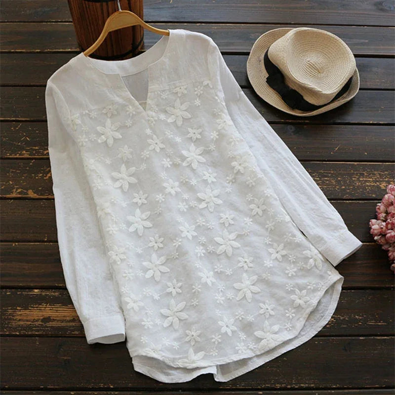 Embroidery Lace Linen Women's Plus Size V Neck Tops